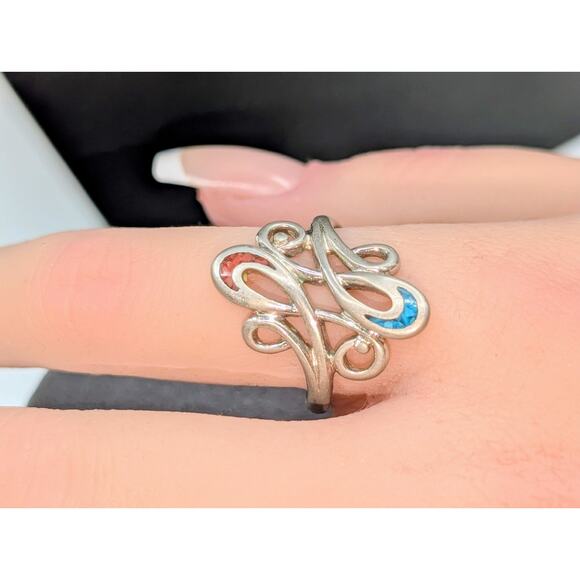 Vintage Silver Tone Crushed Stone Inlay Swirl Design Ring Size 8.5 - Picture 3 of 4